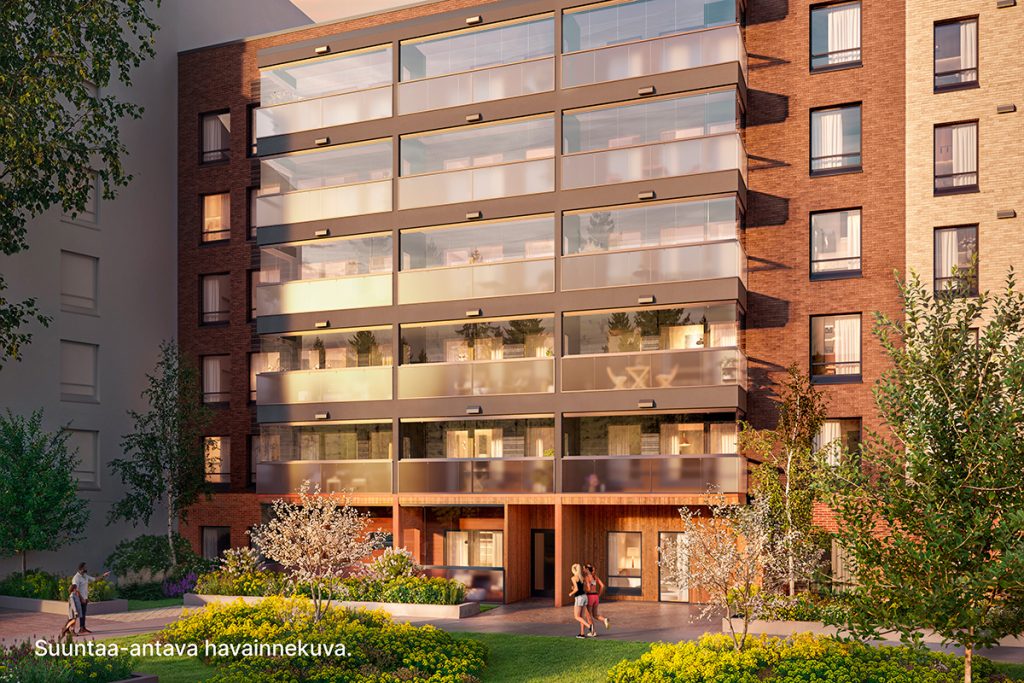 Havainnekuva Helsingin Konalaan rakentuvasta kerrostalosta.