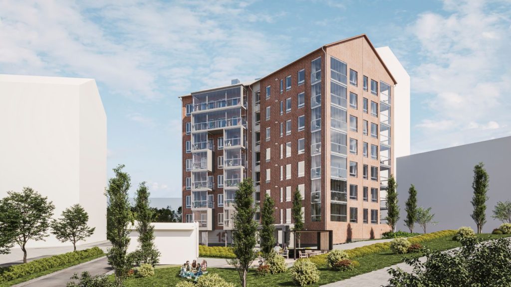 Punatiilellä verhoiltu kerrostalo (havainnekuva) Jyväskylän Paperitehtaankadulla.