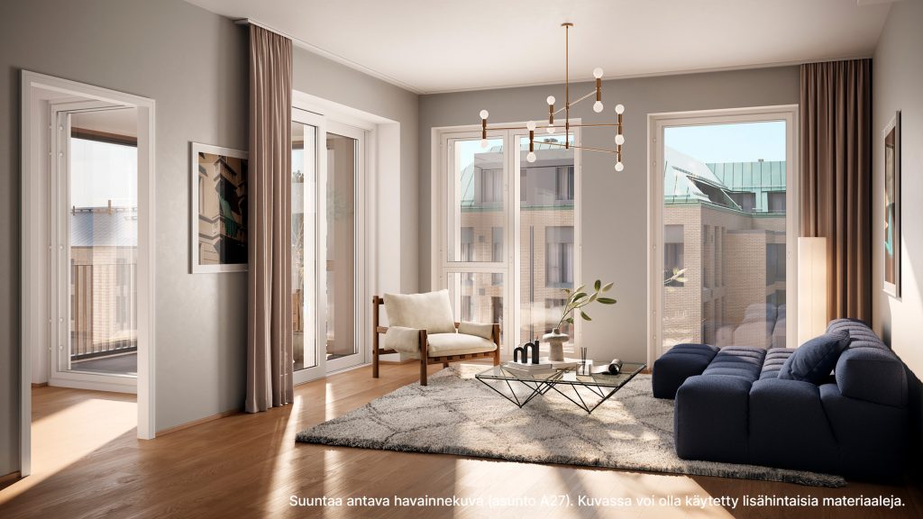 Valoisa huone Töölön Prestossa, jossa on isot ikkunat.