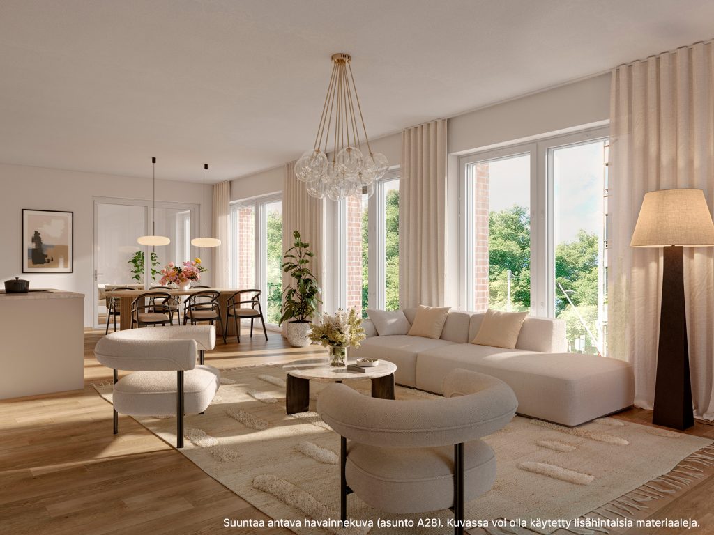 Valoisa ja tyylikkäästi sisustettu olohuone Töölöön rakentuvassa kerrostalossa, havainnekuva.